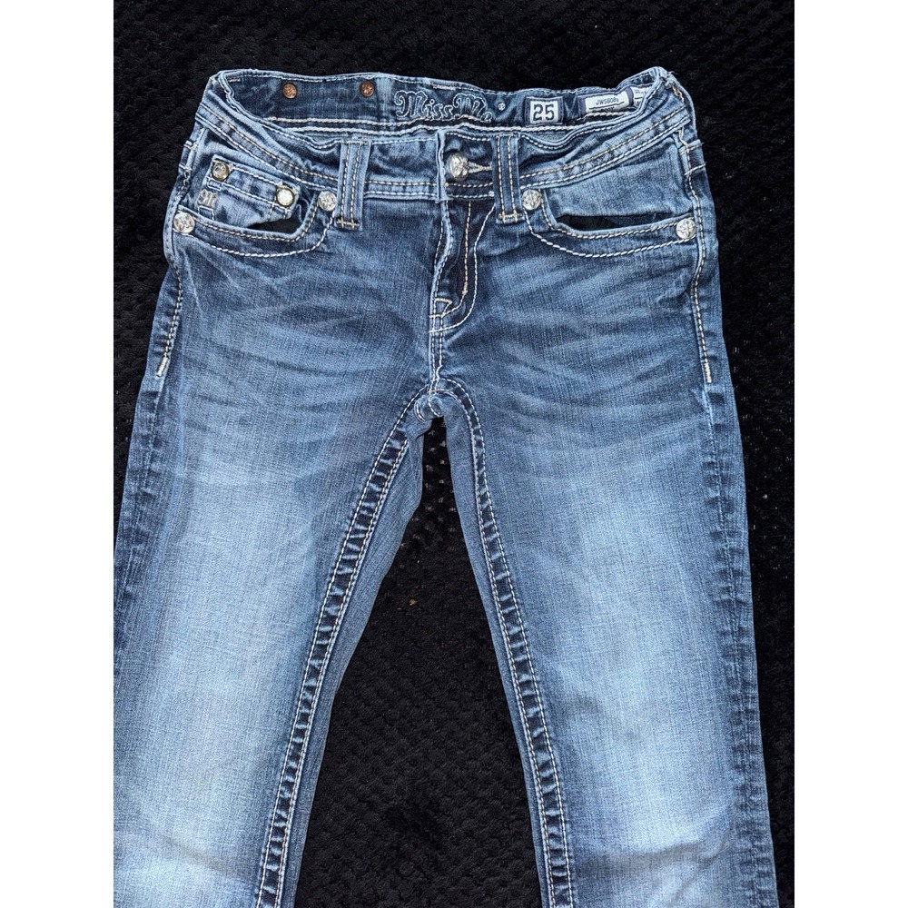 Miss Me Women's Boot Embellish Blue Denim Low Rise Medium Wash Size 25 - Picture 2 of 12